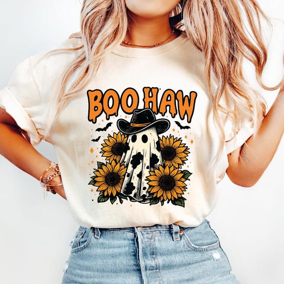 Boo Haw PNG, Cow Spot Ghost Western Halloween png, Sublimation Sunflowers Retro Fall png, Spooky Cowgirl Vibes Country Funny Shirt Design