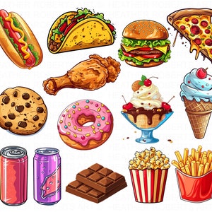 Conjunto de clipart de junk food, conjunto de clipart de fast food, hambúrguer PNG, pizza PNG, tacos png, sanduíche de cachorro-quente png, sorvete png, chocolate png, donut PNG