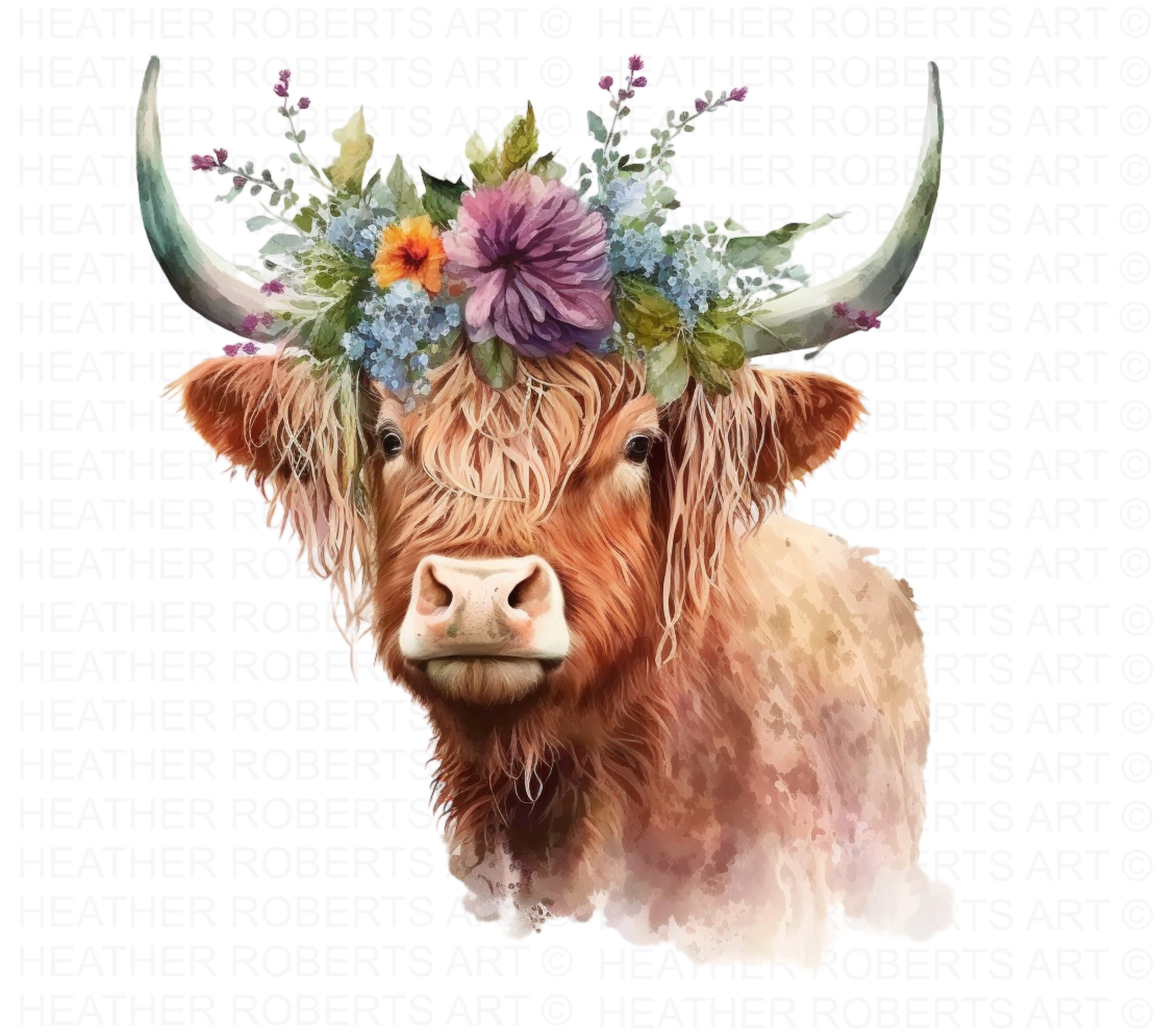 Watercolor Highland Cow Clipart: Flower Crown PNG (digital Download) - Etsy