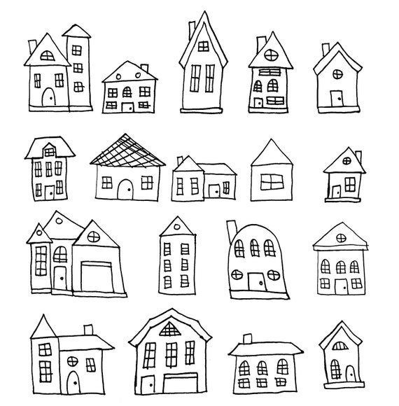 Black & White Houses Clipart Set PNG hand drawn houses Etsy
