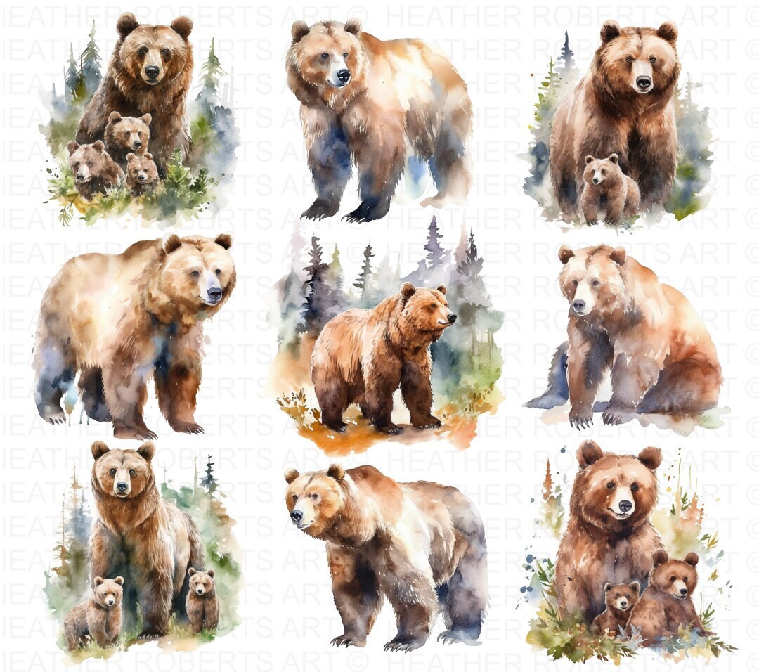 Grizzly Bear Watercolor Clipart, Grizzly Bear Cute Clip Art, Card