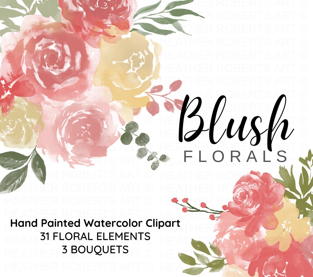 Blush Watercolor Flowers Clipart, Blush Floral Clip Art, Blush Floral