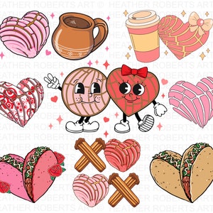 Concha Valentinstag Clipart-Set, Retro Valentinstag Png, mexikanische Valentinstag Bundle Png, Conchas Pan Dulce Herz PNG digitaler Download