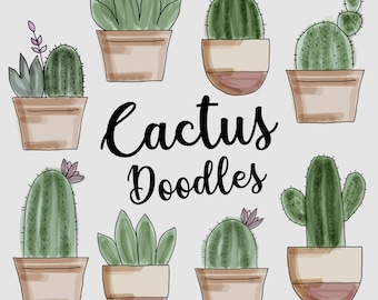 Watercolor Cactus Clipart Doodles, Succulents, Instant Download, Digital Clip Art, Flowers, Invitation, Cacti Scrapbooking, Hand-Drawn Cacti