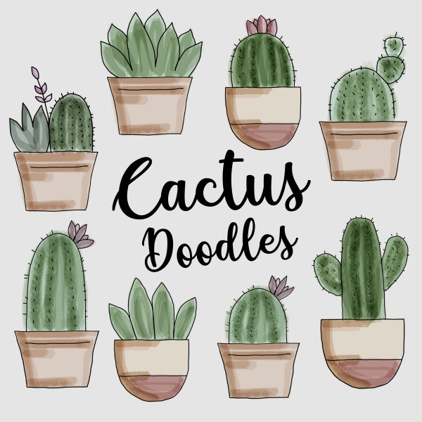 Watercolor Cactus Clipart Doodles, Succulents, Instant Download, Digital Clip Art, Flowers, Invitation, Cacti Scrapbooking, Hand-Drawn Cacti