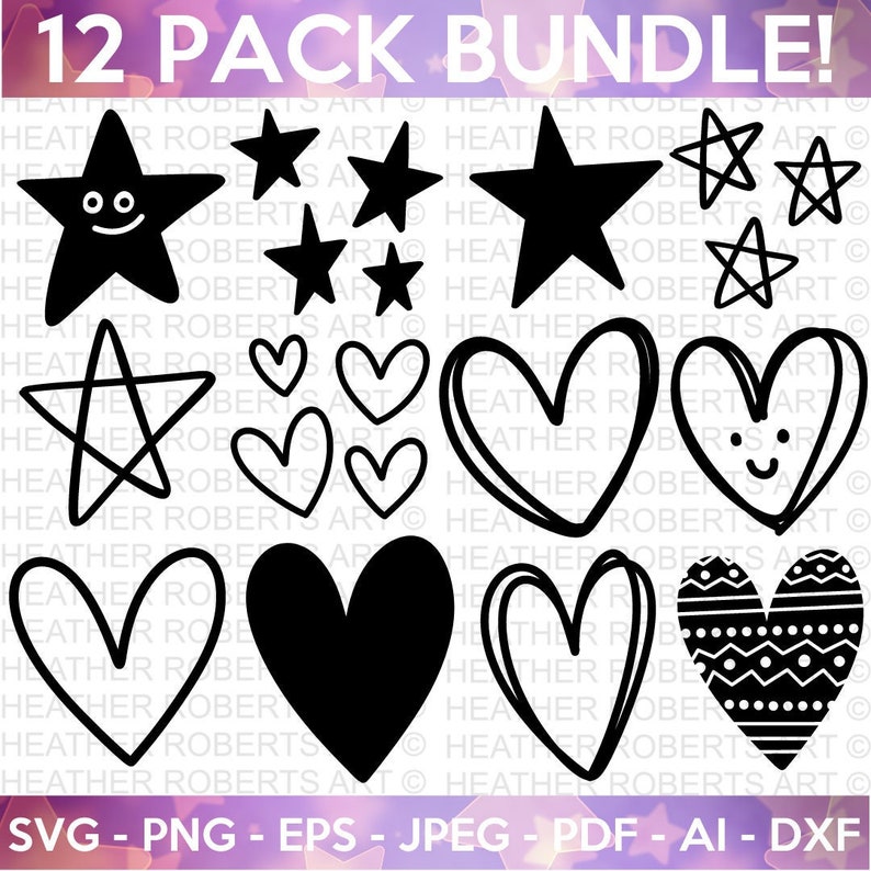 May include: A set of 12 black and white SVG cut files featuring stars and hearts. The designs include a variety of styles, including simple outlines, filled shapes, and patterned hearts. The text "12 PACK BUNDLE!" is at the top of the image. The text "SVG - PNG - EPS - JPEG - PDF - AI - DXF" is at the bottom of the image.