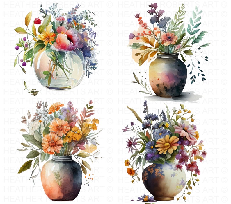 Watercolor Flower Vase Clipart: Floral Bouquet PNG (digital Download ...