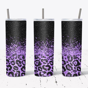 20 Oz Skinny Tumbler Sublimation Design, Purple Glitter Leopard, Glitter Overlay, Straight Template, Tapered, Sublimation Graphics
