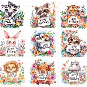 Lindo cumpleaños animales Clipart PNG paquete, animales bebés, imágenes prediseñadas de cumpleaños, diseño de feliz cumpleaños, paquete PNG de cumpleaños, paquete PNG de animales