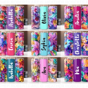 Fügen Sie Ihren eigenen Text hinzu Floral Tumbler Bundle, 20 Unzen Skinny Tumbler Sublimation Designs Tumble PNG Datei Digitaler Download, Bunte Blumen PNG