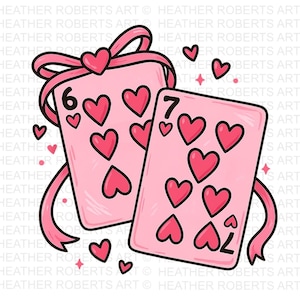 May include: Two pink playing cards with heart suit symbols, a six and a seven, are tied with a pink ribbon and bow. The cards and ribbon are outlined in black. Small hearts and sparkles are scattered around the cards.