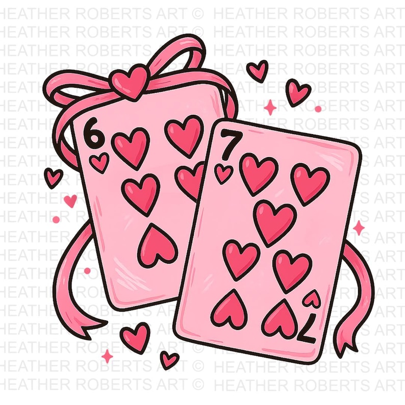 May include: Two pink playing cards with heart suit symbols, a six and a seven, are tied with a pink ribbon and bow. The cards and ribbon are outlined in black. Small hearts and sparkles are scattered around the cards.