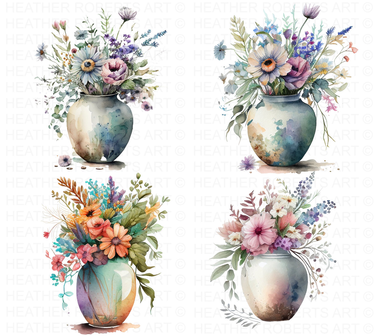 Watercolor Flower Vase Clipart: Floral Bouquet PNG (digital Download ...