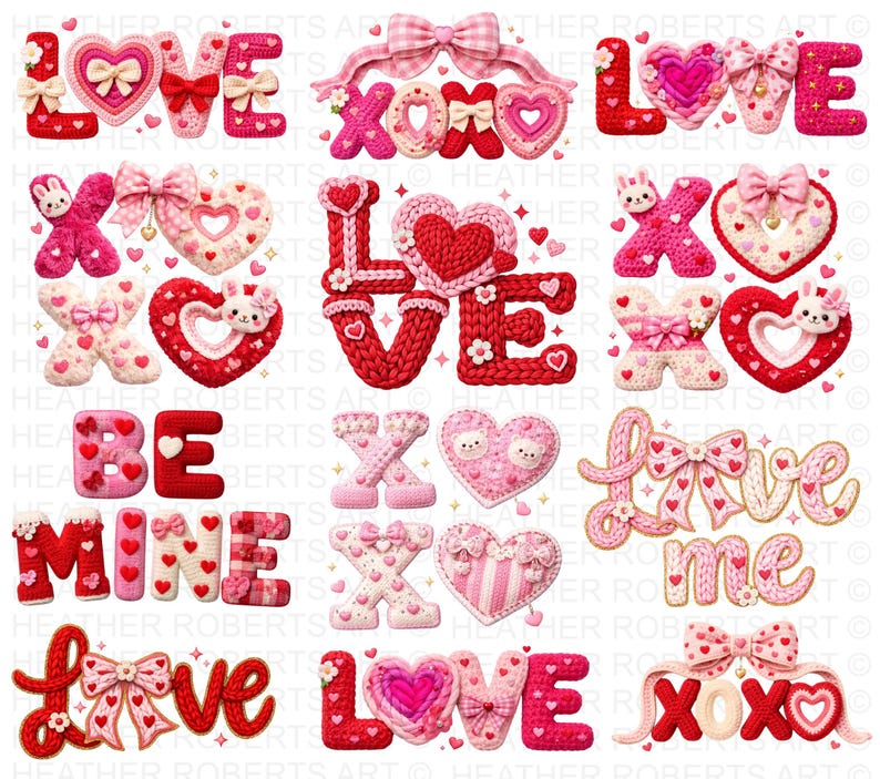 Valentines Day PNG Bundle Faux Yarn Latch Hook Yarn Bow Coquette ...