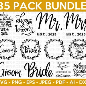 Paquete SVG de boda, SVG de novia, SVG de novio, SVG de fiesta nupcial, SVG de boda, Frases de boda, Letreros de boda, Camisas de boda, Archivo de corte Cricut
