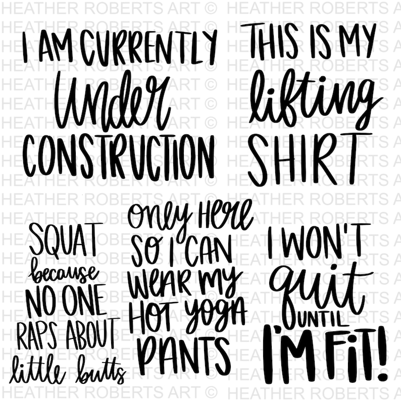 K&ouml;nnte beinhalten: Schwarz-wei&szlig;e Textkunst mit Fitness-Phrasen wie "Under Construction", "Lifting Shirt" und "I won't quit until I'm fit!" Motivierendes Design f&uuml;r Fitness-Enthusiasten.