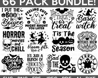 Pacote de arquivos SVG retrô de Halloween, incluindo frases de Halloween, bruxas, fantasmas, camisetas de bruxa e camisetas de Halloween. Arquivos de corte para Cricut e Silhouette.