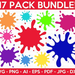 May include: A collection of 17 colorful paint splatters in various shapes and sizes. The splatters are in shades of orange, teal, green, pink, red, purple, blue, and yellow. The text "17 PACK BUNDLE!" is at the top, and file type options are listed at the bottom.
