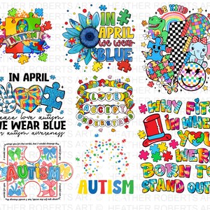 Pode incluir: Um conjunto de designs digitais com pe&ccedil;as de quebra-cabe&ccedil;a coloridas, cora&ccedil;&otilde;es e flores com o texto "Em abril, usamos azul" e "Paz, amor, autismo, usamos azul para a conscientiza&ccedil;&atilde;o sobre o autismo".