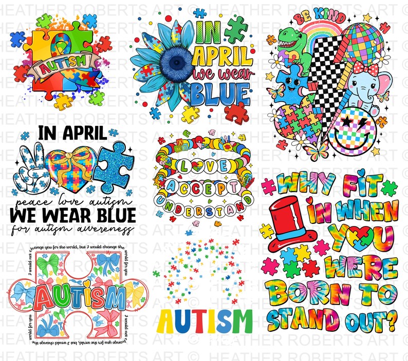 Pode incluir: Um conjunto de designs digitais com pe&ccedil;as de quebra-cabe&ccedil;a coloridas, cora&ccedil;&otilde;es e flores com o texto "Em abril, usamos azul" e "Paz, amor, autismo, usamos azul para a conscientiza&ccedil;&atilde;o sobre o autismo".