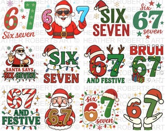 May include: A collection of Christmas-themed digital designs featuring the numbers 6 and 7, along with Santa Claus illustrations and festive text. The designs incorporate various colors, fonts, and decorative elements, perfect for holiday projects.