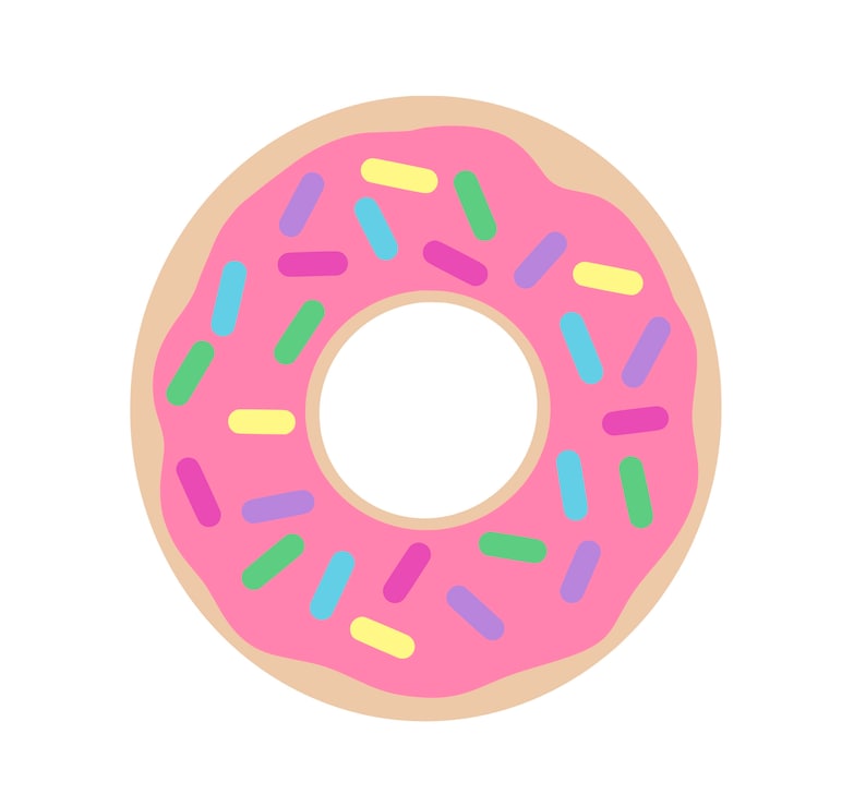 May include: A pink doughnut with colourful sprinkles. The doughnut has a hole in the centre.