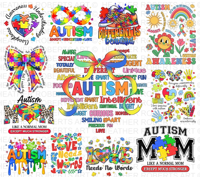 Pode incluir: Uma colagem digital de designs coloridos com a palavra "Autismo" em v&aacute;rias fontes e estilos. Os designs incluem pe&ccedil;as de quebra-cabe&ccedil;a, cora&ccedil;&otilde;es, borboletas, arco-&iacute;ris e flores. O texto "Aceitar, Entender, Amar" tamb&eacute;m est&aacute; inclu&iacute;do. Os designs est&atilde;o em um fundo branco.