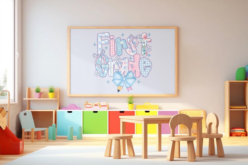 May include: A classroom scene with a large whiteboard displaying the words "First Grade" in a colorful, whimsical font. The letters are decorated with patterns and floral accents. The room features small wooden furniture and colorful storage units.