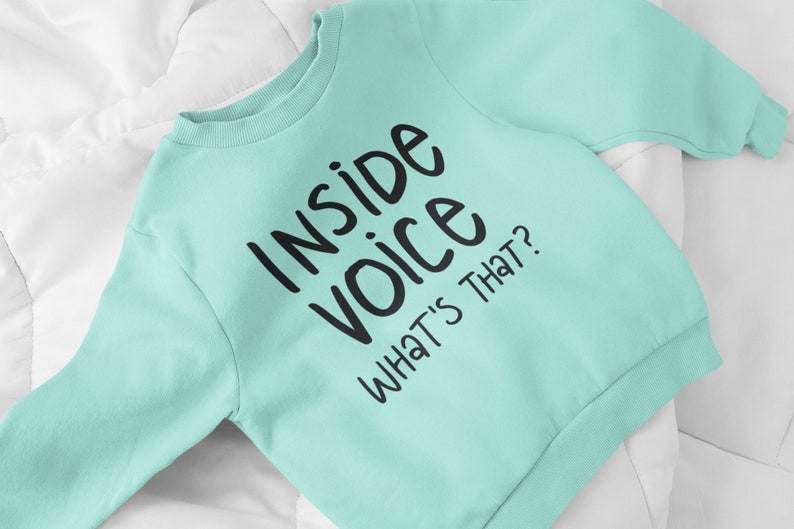 May include: A light blue sweatshirt with black text that reads "Inside Voice What's That?"