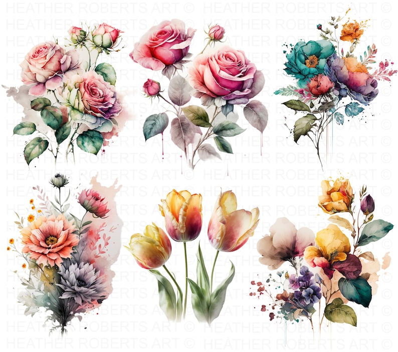 Watercolor Flower Clipart: Spring Bouquet PNG Graphics (digital ...