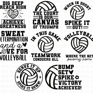 K&ouml;nnte beinhalten: Schwarz-wei&szlig;es Grafikdesign mit inspirierenden Zitaten und Volleyball-Bildern. Die Zitate beinhalten "Dig Deep Reach High", "Sweat Determination and a Love for Volleyball", "The Court is Our Canvas of Triumph", "When in Doubt Spike it Out!" und mehr.