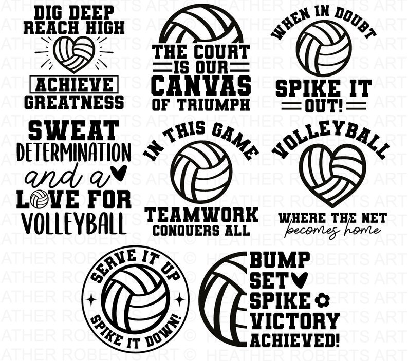 K&ouml;nnte beinhalten: Schwarz-wei&szlig;es Grafikdesign mit inspirierenden Zitaten und Volleyball-Bildern. Die Zitate beinhalten "Dig Deep Reach High", "Sweat Determination and a Love for Volleyball", "The Court is Our Canvas of Triumph", "When in Doubt Spike it Out!" und mehr.