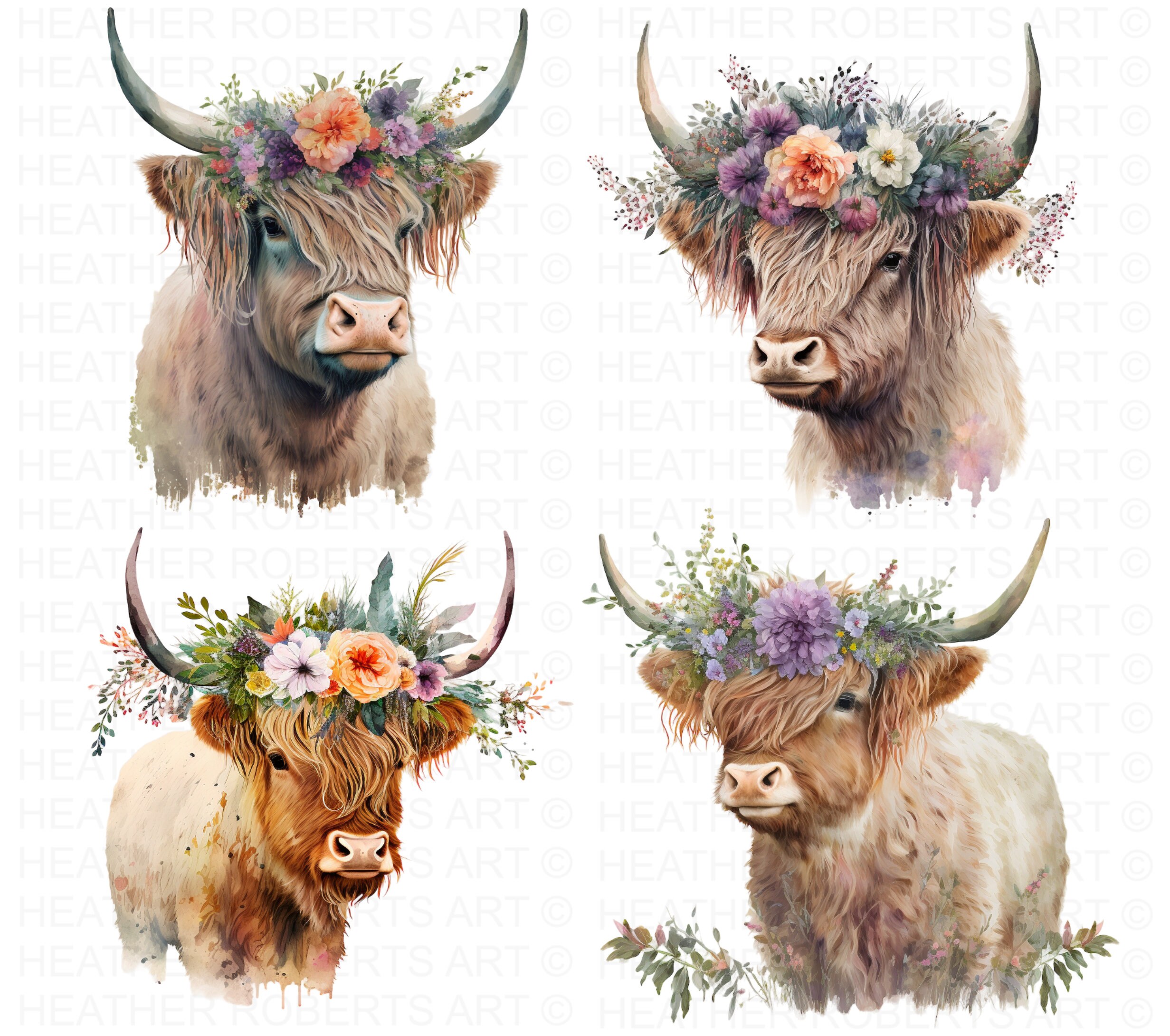 Watercolor Highlands Cow Clipart Flower Crown PNG Cute Cow - Etsy UK