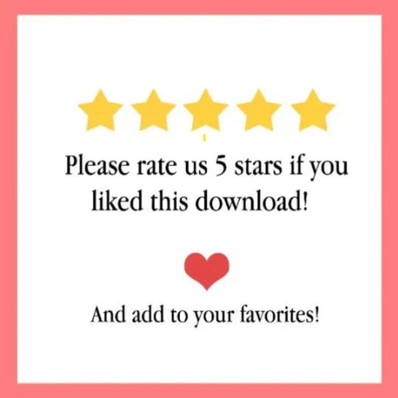 Puede incluir: Cinco estrellas amarillas con el texto "&iexcl;Por favor, calif&iacute;canos con 5 estrellas si te ha gustado esta descarga!" y "&iexcl;Y a&ntilde;&aacute;delo a tus favoritos!" debajo de las estrellas. Un coraz&oacute;n rojo est&aacute; centrado debajo del texto.