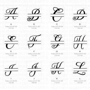 May include: A set of 12 black and white monogrammed initials with a horizontal line through the middle. Each initial is displayed in a square with a white background. The initials are A through L.