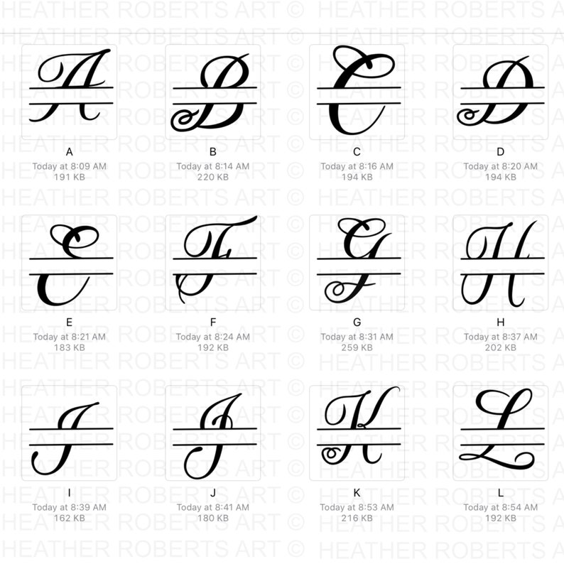 May include: A set of 12 black and white monogrammed initials with a horizontal line through the middle. Each initial is displayed in a square with a white background. The initials are A through L.