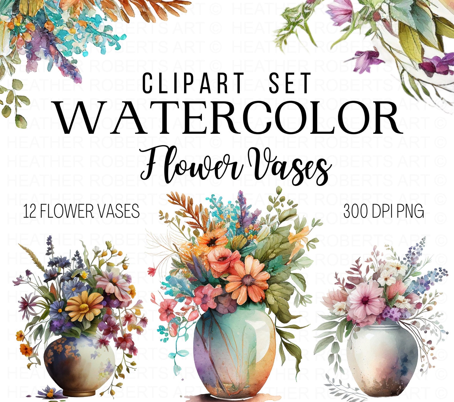 Watercolor Flower Vase Clipart: Floral Bouquet PNG (digital Download ...