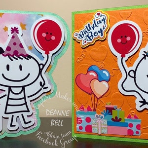 May include: Two birthday cards with cartoon illustrations. One card says "Birthday Girl" and features a girl holding a balloon and gifts. The other says "Birthday Boy" and features a boy with a party hat and a party favor.