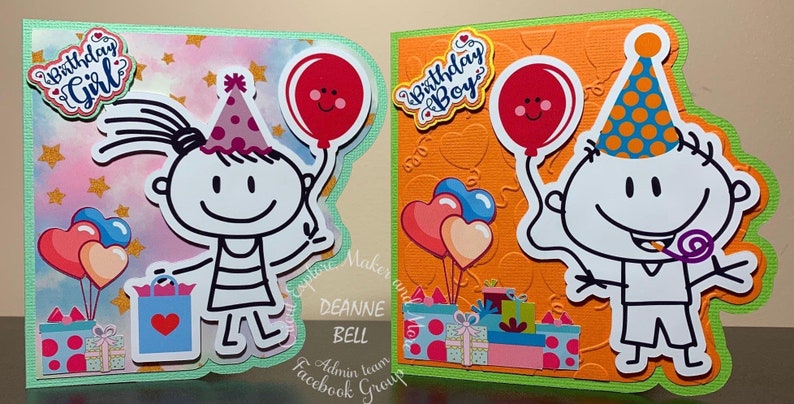 May include: Two birthday cards with cartoon illustrations. One card says "Birthday Girl" and features a girl holding a balloon and gifts. The other says "Birthday Boy" and features a boy with a party hat and a party favor.