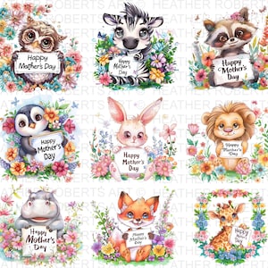Lindo paquete PNG de imágenes prediseñadas de animales del Día de la Madre, animales bebés, imágenes prediseñadas del Día de la Madre, diseño feliz del Día de la Madre, paquete PNG del Día de la Madre