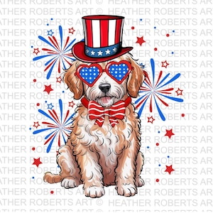 Goldendoodle Vaterländischen Png Clipart, Vierter Juli Hund Png, USA Hund Digitale Illustration, Hund trägt Sterne und Streifen Schleife Sublimation