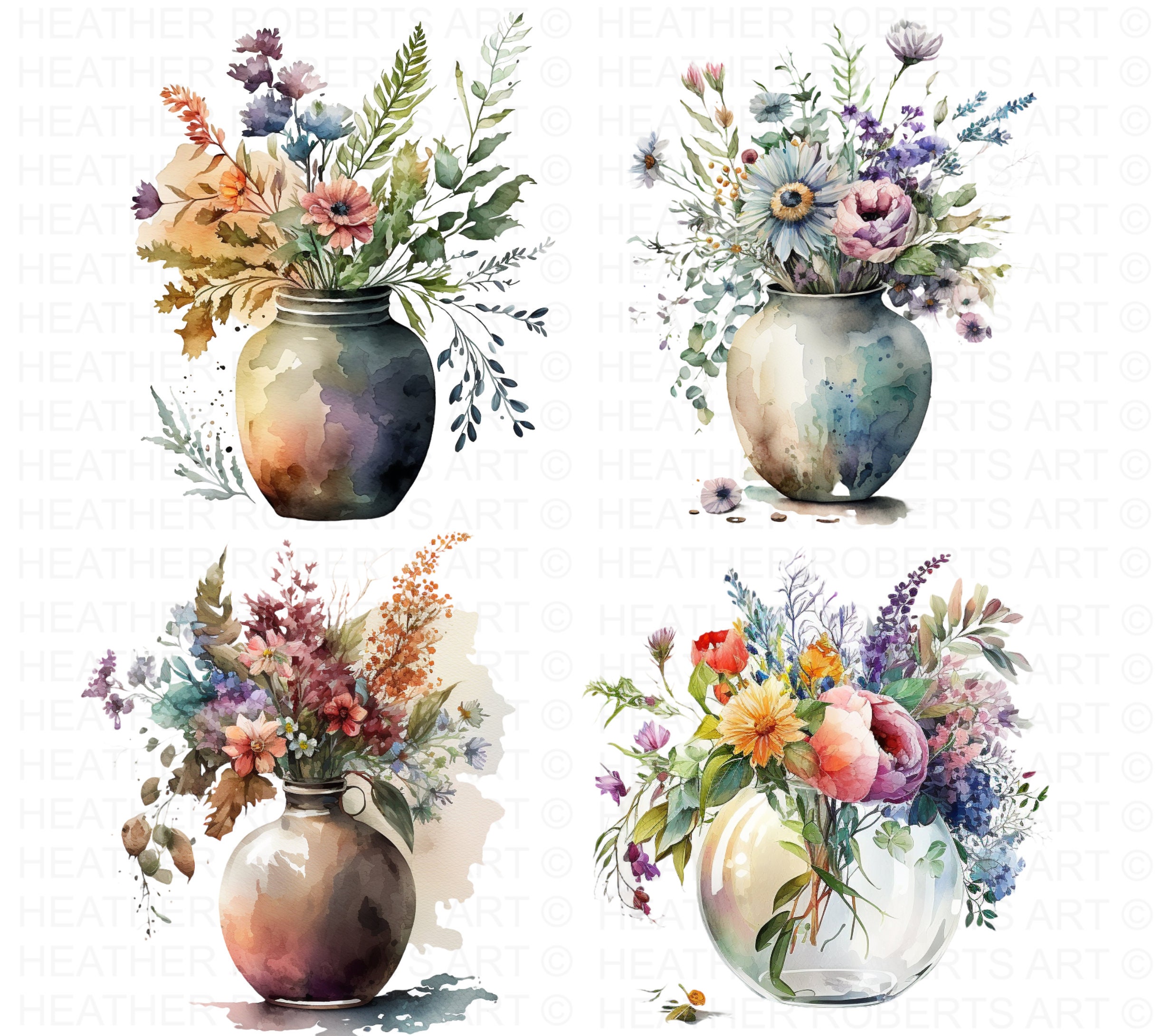Watercolor Flower Vase Clipart: Floral Bouquet PNG (digital Download ...