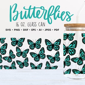 Teal Schmetterling 16 Unzen Glasdosenverpackung, sofortiger Download, digitale Downloads, Schnittdateien für Cricut, Silhouette