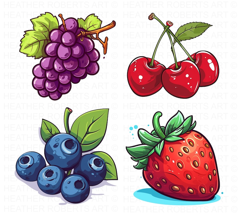 Pode incluir: Quatro ilustra&ccedil;&otilde;es de frutas diferentes: um cacho de uvas roxas, tr&ecirc;s cerejas vermelhas, um grupo de mirtilos azuis e um morango vermelho.