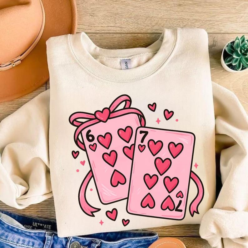 May include: Cream-colored sweatshirt featuring a graphic of two pink playing cards with heart symbols and the numbers 6 and 7. A pink ribbon with heart accents surrounds the cards, with small hearts scattered around.