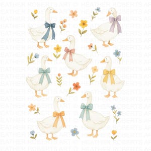 May include: Watercolor illustration featuring several white geese adorned with pastel-colored bows around their necks. The geese are surrounded by colorful flowers and foliage, creating a whimsical and charming design. The artwork has a soft, delicate aesthetic.