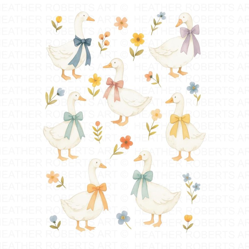 May include: Watercolor illustration featuring several white geese adorned with pastel-colored bows around their necks. The geese are surrounded by colorful flowers and foliage, creating a whimsical and charming design. The artwork has a soft, delicate aesthetic.