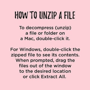 Pode incluir: Um fundo rosa com texto preto que explica como descompactar um arquivo em um computador Mac e Windows. O texto diz "Para descompactar (descompactar) um arquivo ou pasta em um Mac, clique duas vezes nele. Para Windows, clique duas vezes no arquivo compactado para ver seu conte&uacute;do. Quando solicitado, arraste os arquivos para fora da janela para o local desejado ou clique em Extrair tudo."