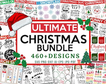 Puede incluir: Un collage de más de 460 diseños navideños en formatos SVG, PNG, DXF, AI, EPS, JPG y PDF. Los diseños presentan una variedad de temas navideños, incluyendo copos de nieve, Papá Noel, renos, árboles de Navidad y mucho más. Los diseños son perfectos para crear tarjetas de Navidad, regalos y decoraciones personalizadas.