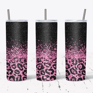 Gobelet skinny 20 oz à sublimation, léopard rose pailleté, superposition de paillettes, modèle droit, fuselé, graphiques par sublimation